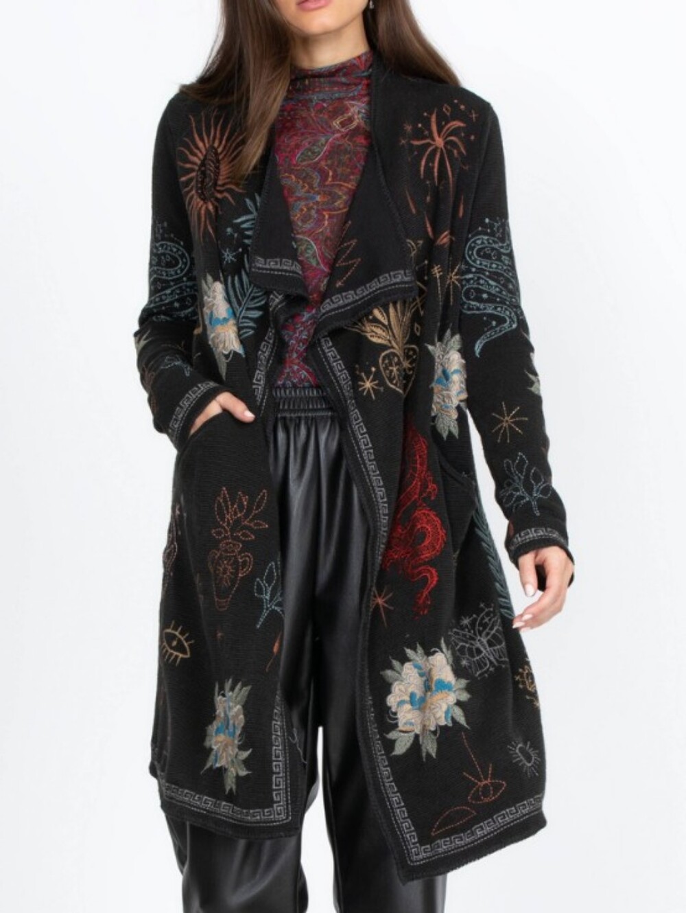 Johnny Was Biya Esmeralda Black Embroidered Open Drape Long Cardigan Size Medium